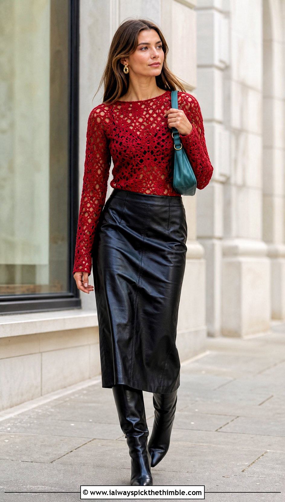 Red Long Sleeve Crochet Top With Leather Skirt - 25 Red Crochet Top outfit ideas