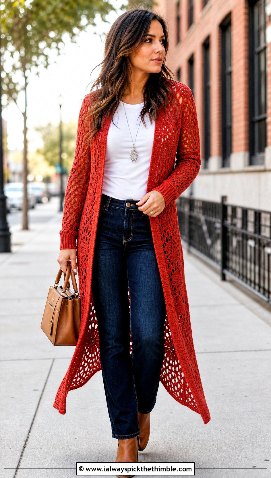 Red Longline Crochet Duster With T Shirt And Jeans - 20 red crochet clothing and outfit ideas