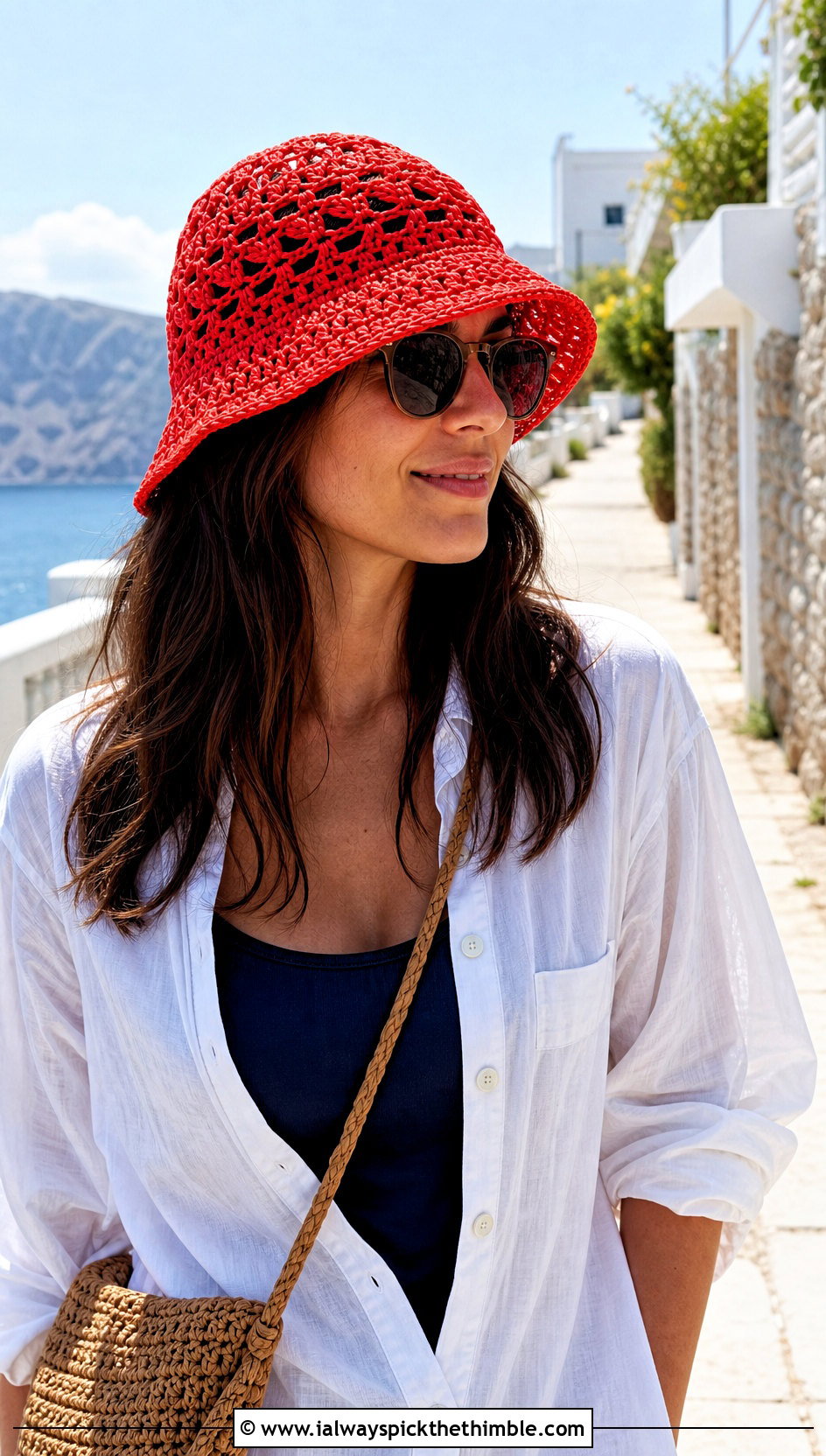 Red Mesh Crochet Bucket Hat With Linen Set - 25 red crochet hat outfit ideas