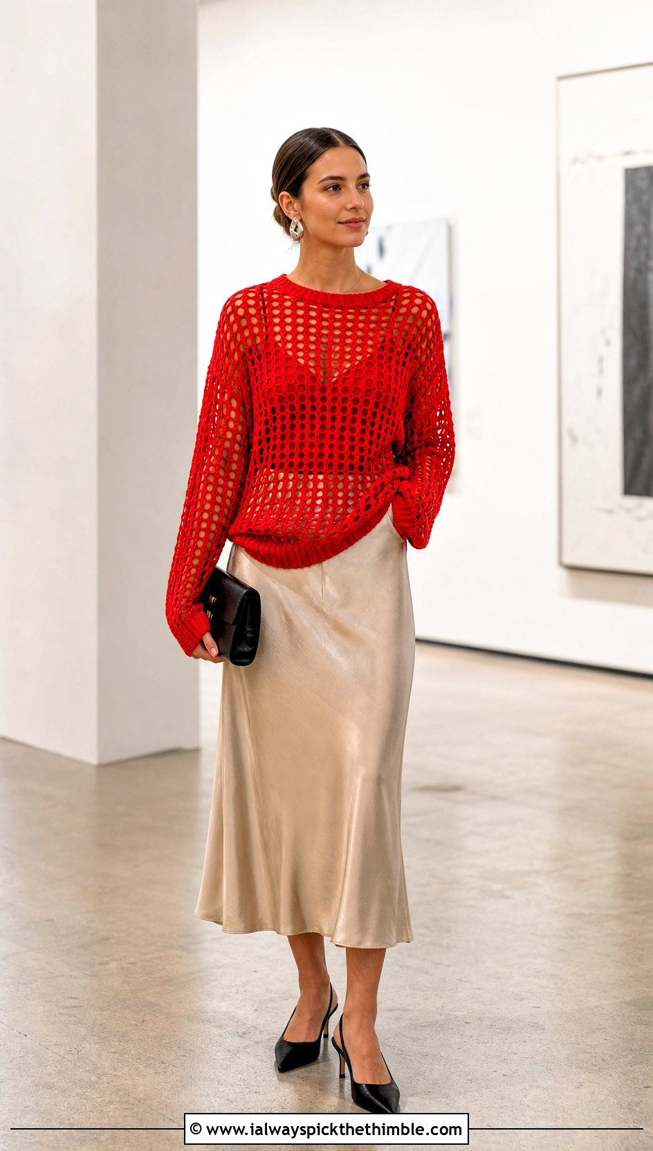 Red Mesh Crochet Sweater With Satin Midi Skirt - 25 red crochet sweater outfit ideas