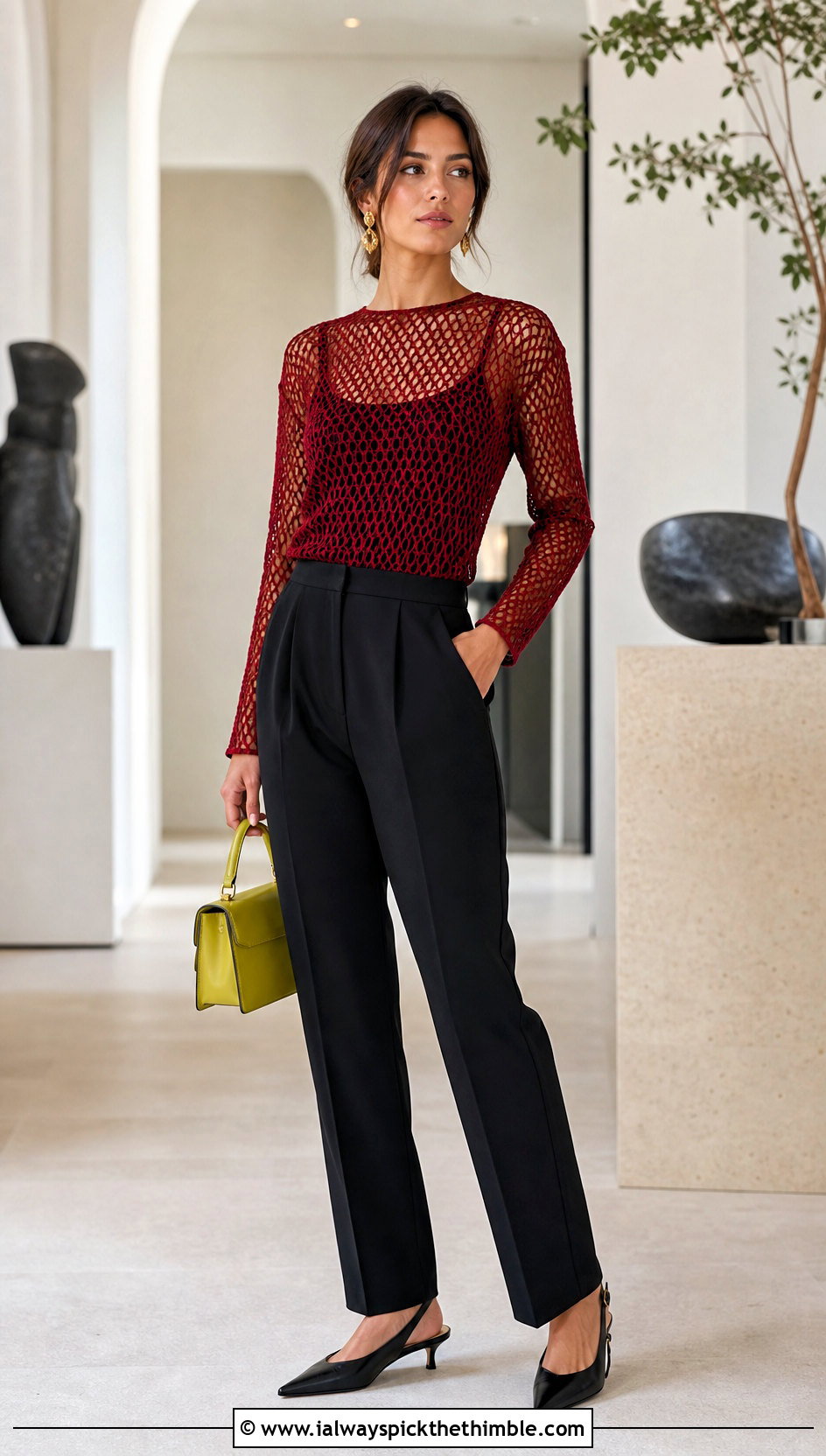 Red Mesh Crochet Top With Black Trousers - 25 Red Crochet Top outfit ideas