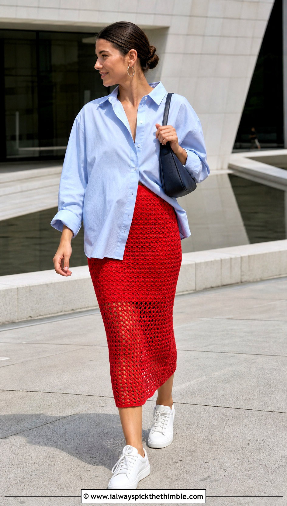 Red Mesh Midi Crochet Skirt With Oversized Shirt - 15 red crochet skirt outfit ideas