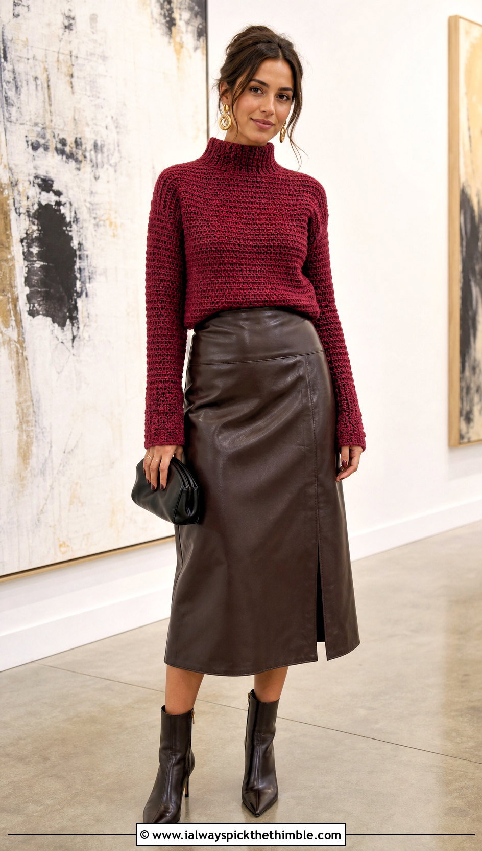 Red Mock Neck Crochet Sweater With Leather Midi Skirt - 25 red crochet sweater outfit ideas