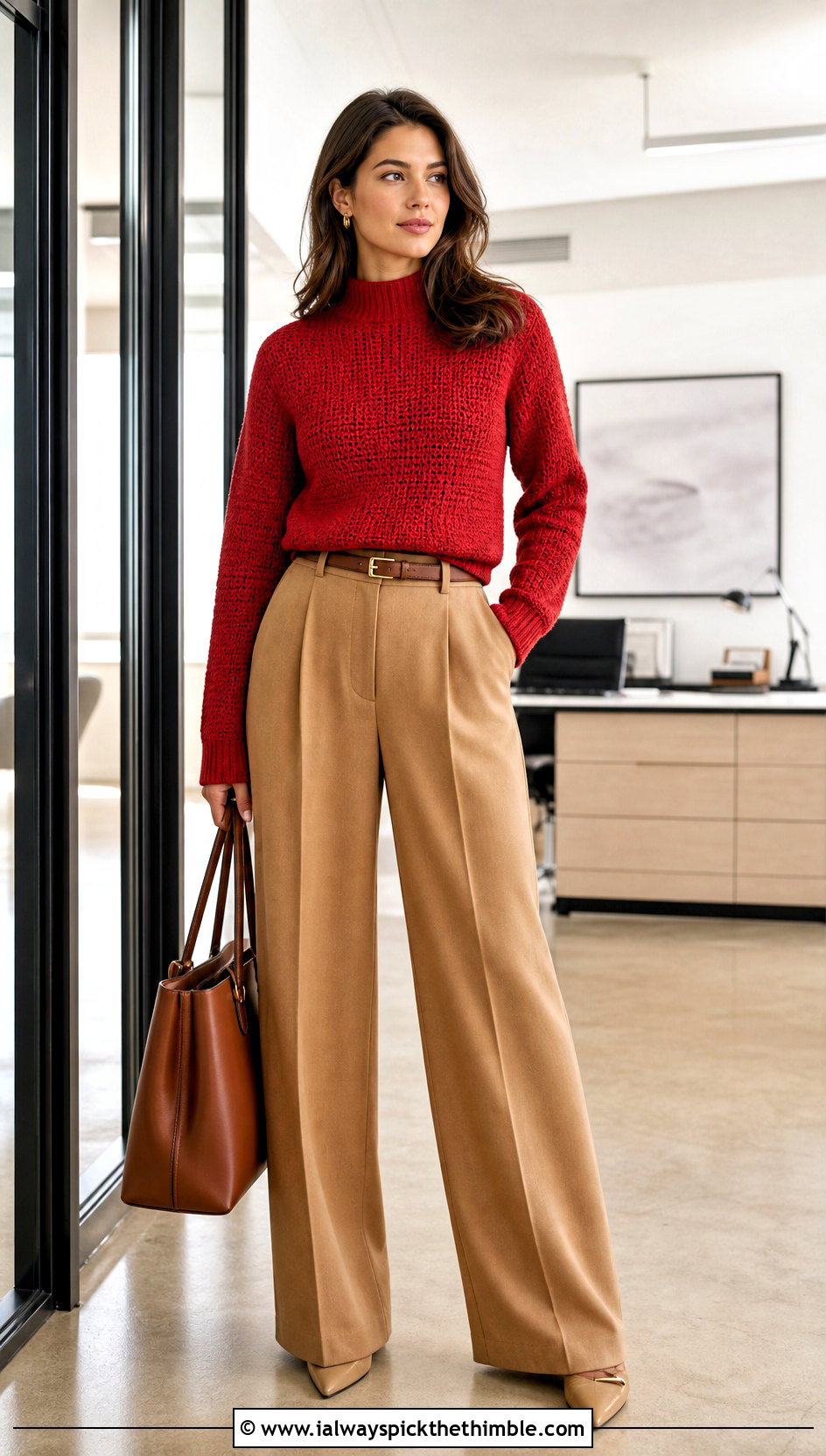Red Mock Neck Crochet Sweater With Wide Leg Trousers - 15 Red Crochet Sweater On Hanger outfit ideas