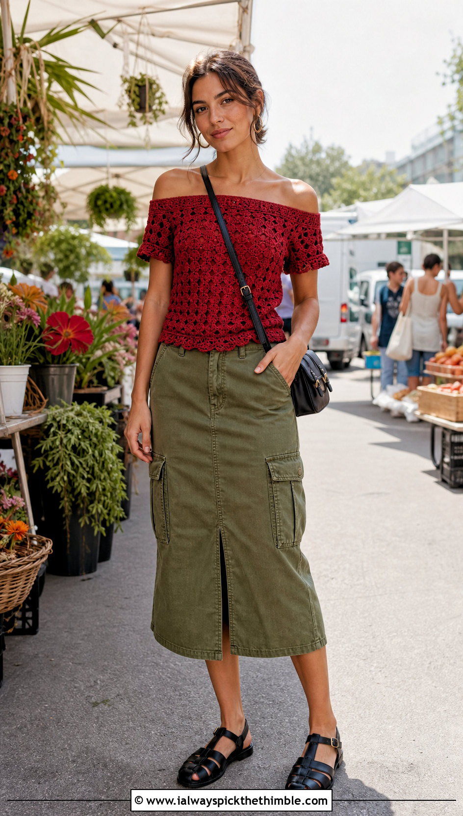 Red Off Shoulder Crochet Top With Cargo Midi Skirt - 15 handmade red crochet top outfit ideas