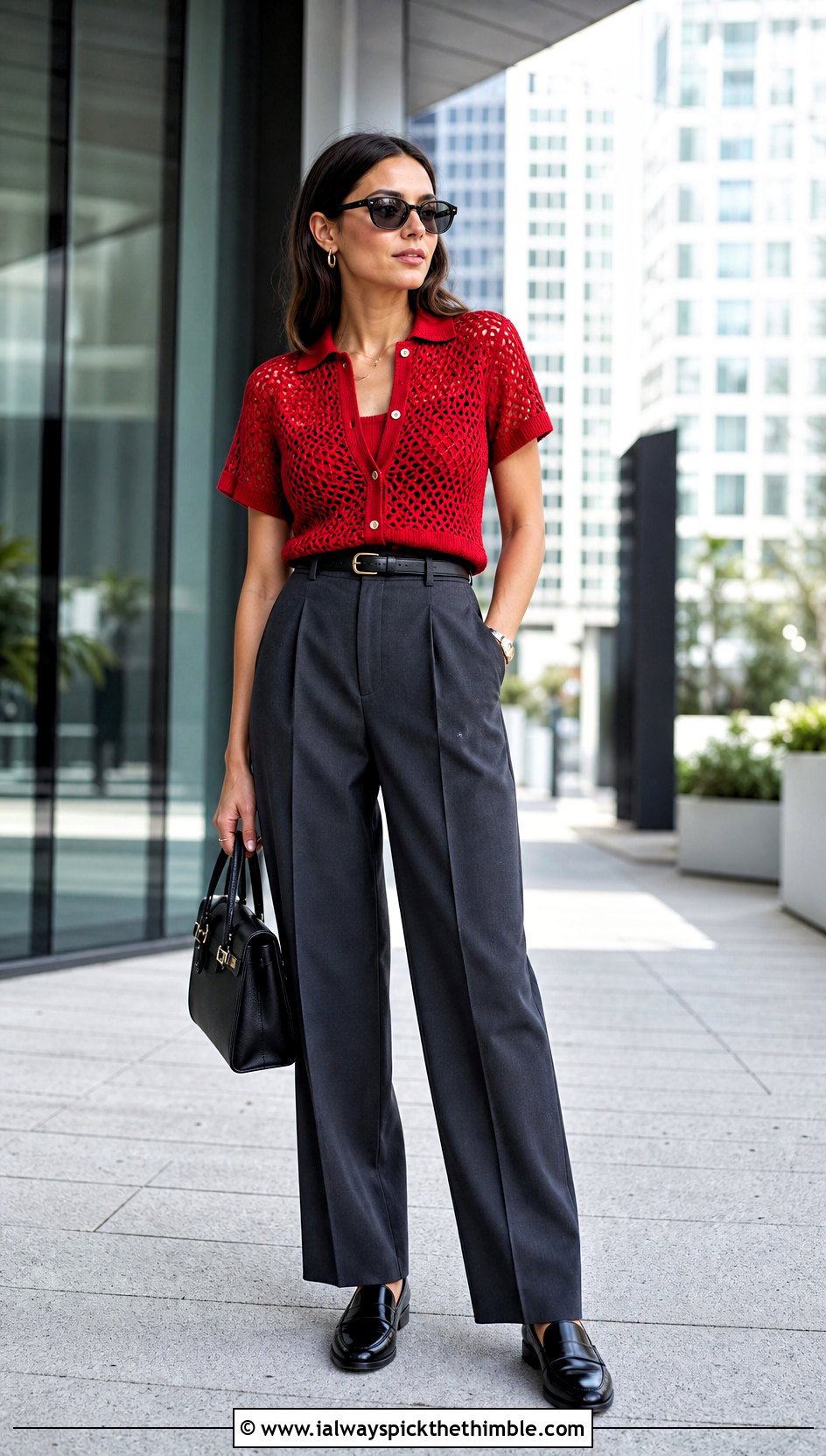 Red Open Weave Polo Top With Tailored Trousers - 20 red crochet clothing and outfit ideas