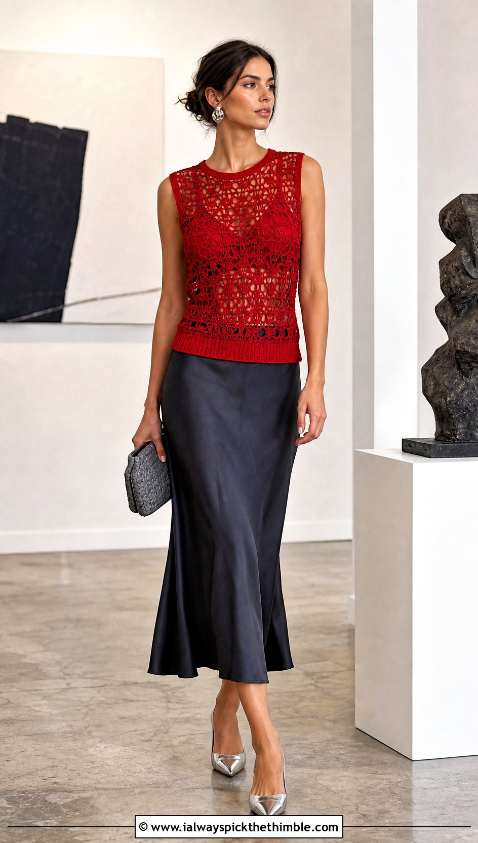 Red Openwork Crochet Sweater Vest With Satin Skirt - 15 red crocheted sweater vest outfit ideas