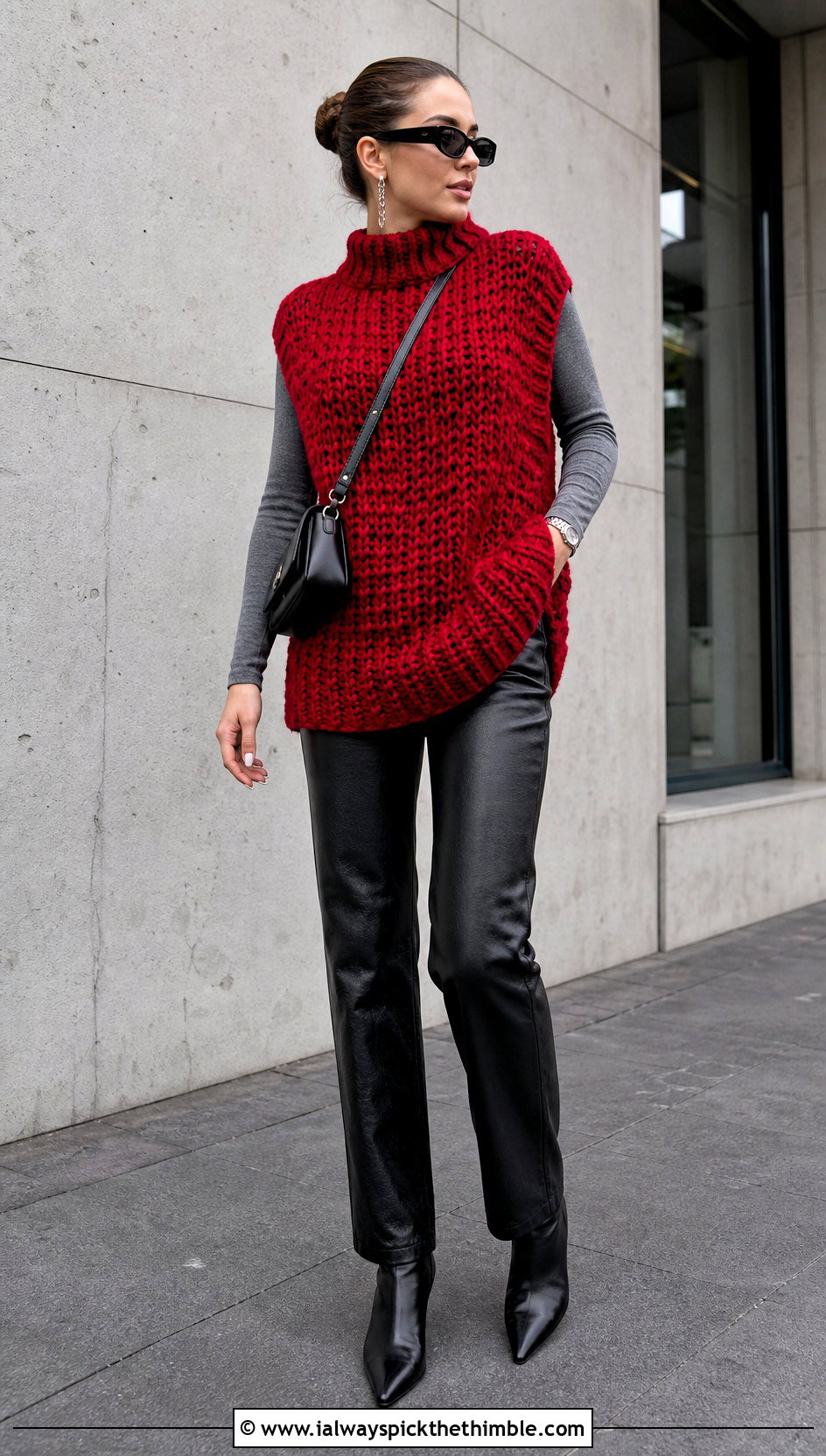 Red Oversized Crochet Sweater Vest With Leather Pants - 15 red crocheted sweater vest outfit ideas
