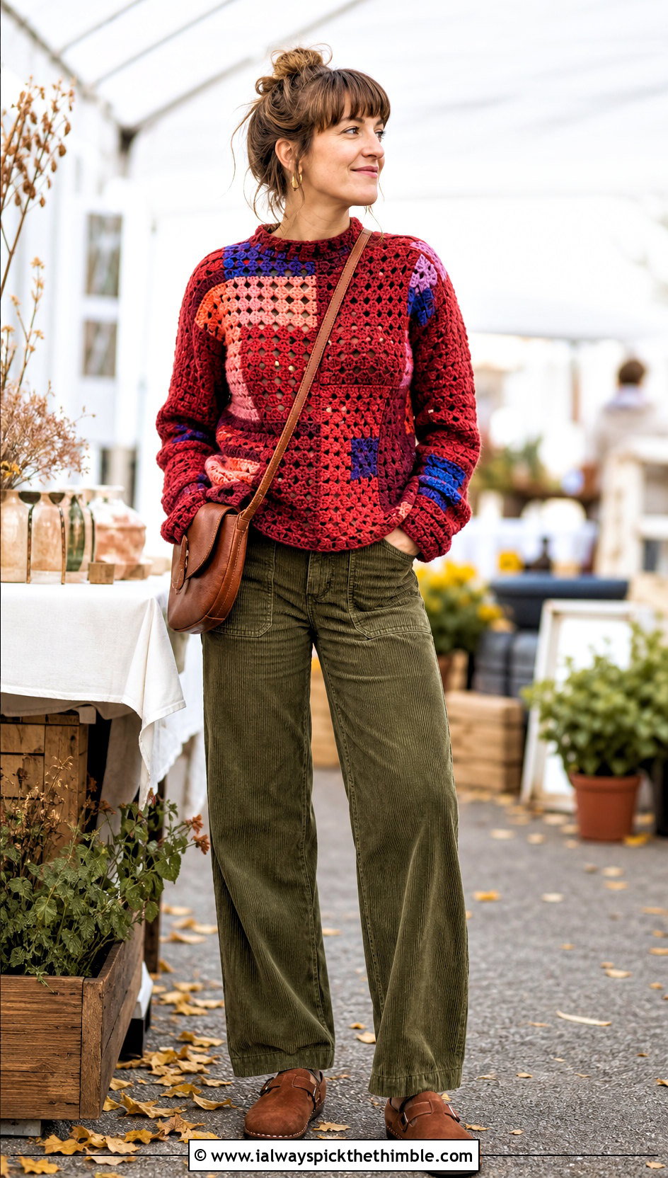 Red Patchwork Crochet Sweater With Corduroy Pants - 25 red crochet sweater outfit ideas