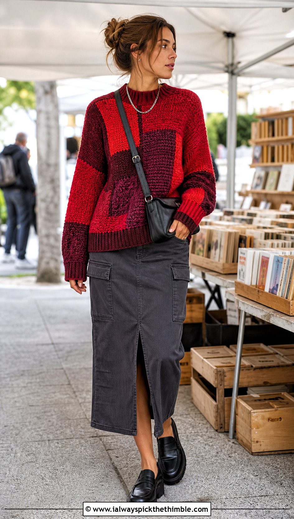 Red Patchwork Crochet Sweater With Utility Midi Skirt - 15 Red Crochet Sweater On Hanger outfit ideas