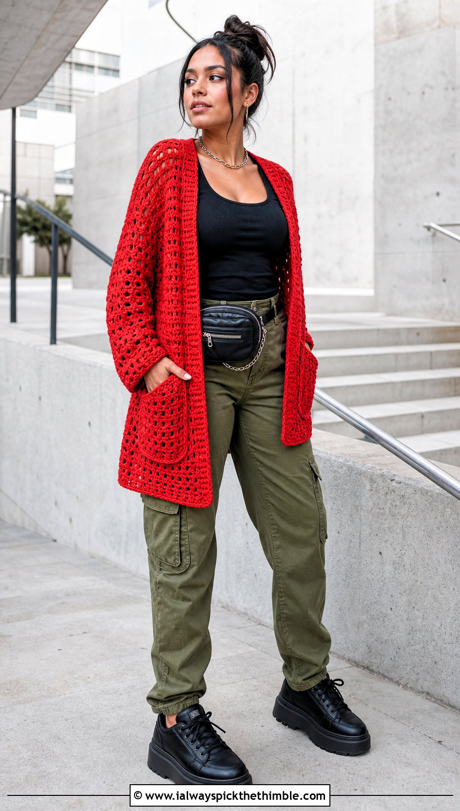Red Pocket Shawl With Cargo Pants - 15 Red Crocheted Shawl On Hanger outfit ideas