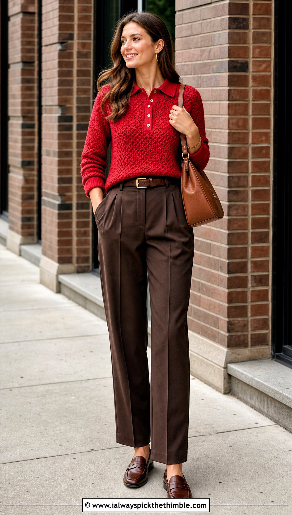 Red Polo Collar Crochet Sweater With Pleated Trousers - 25 red crochet sweater outfit ideas