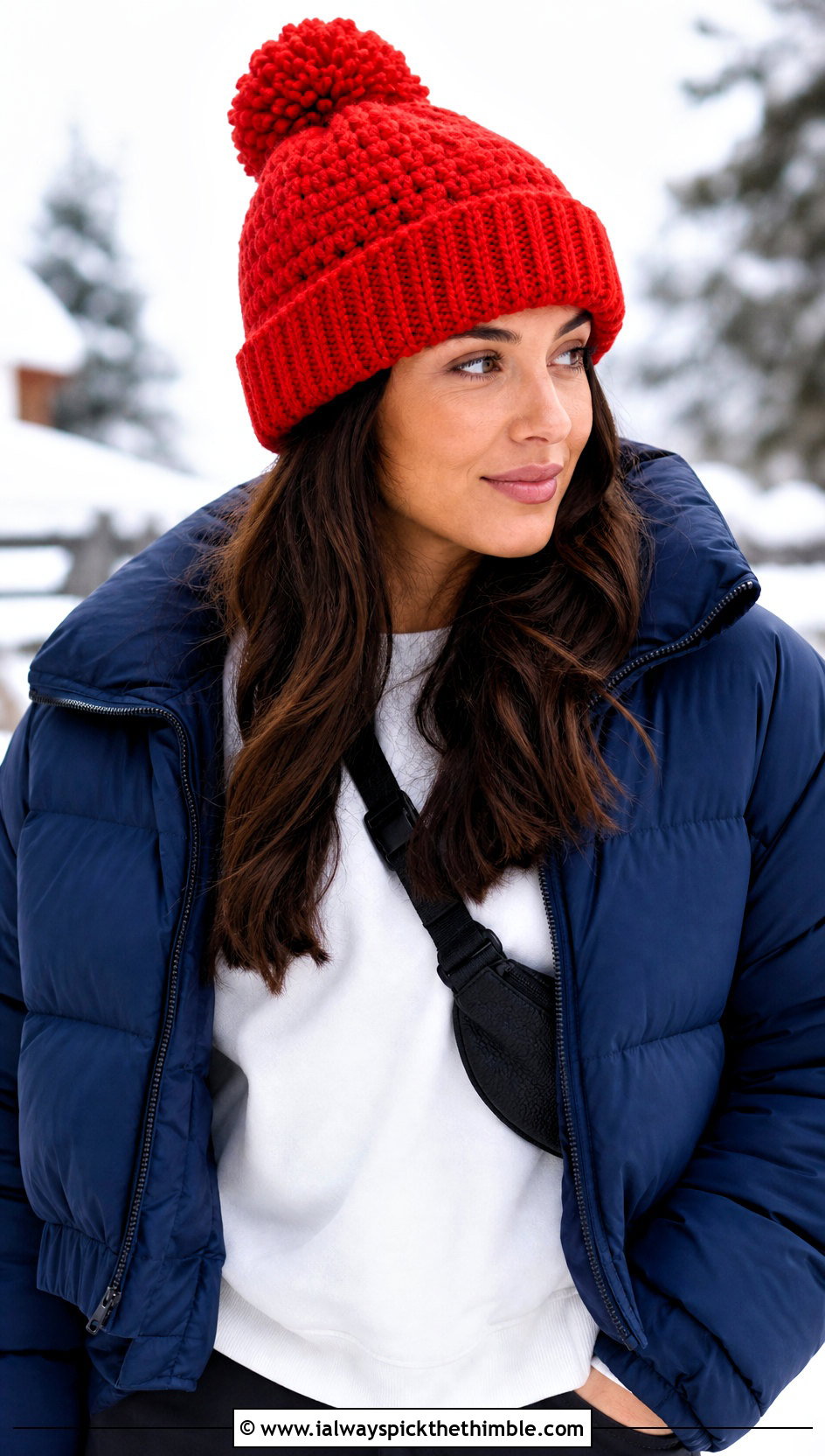 Red Pom Pom Crochet Beanie With Puffer Jacket - 25 red crochet hat outfit ideas