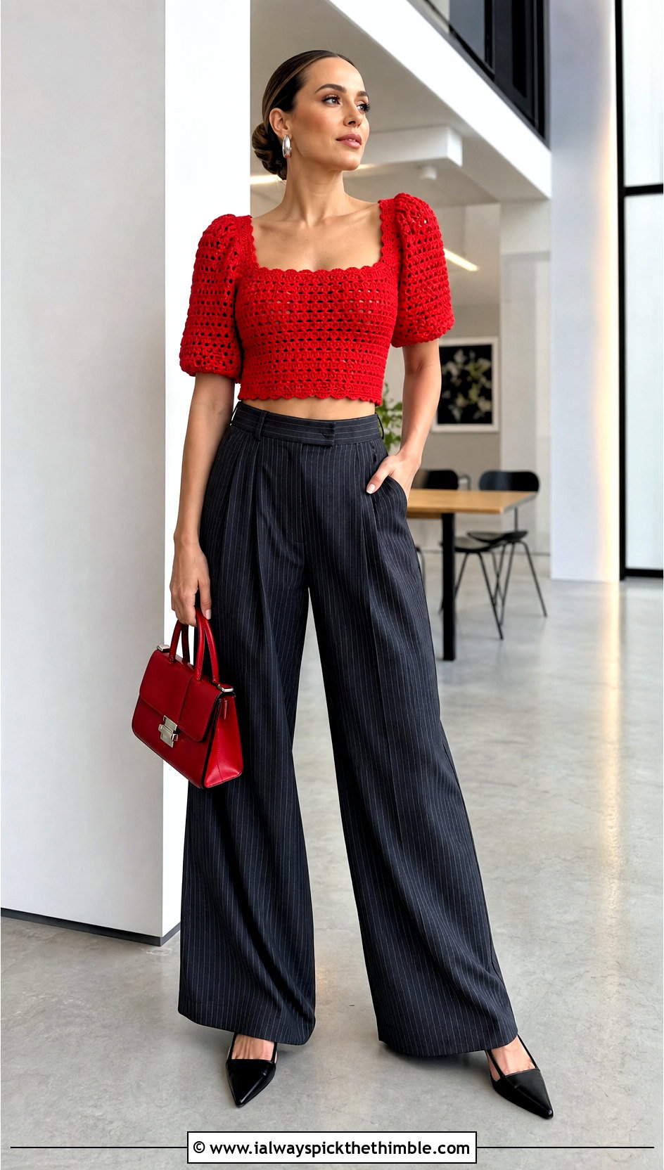 Red Puff Sleeve Crochet Crop Top With Pinstripe Pants - 20 Red Crochet Crop Top outfit ideas
