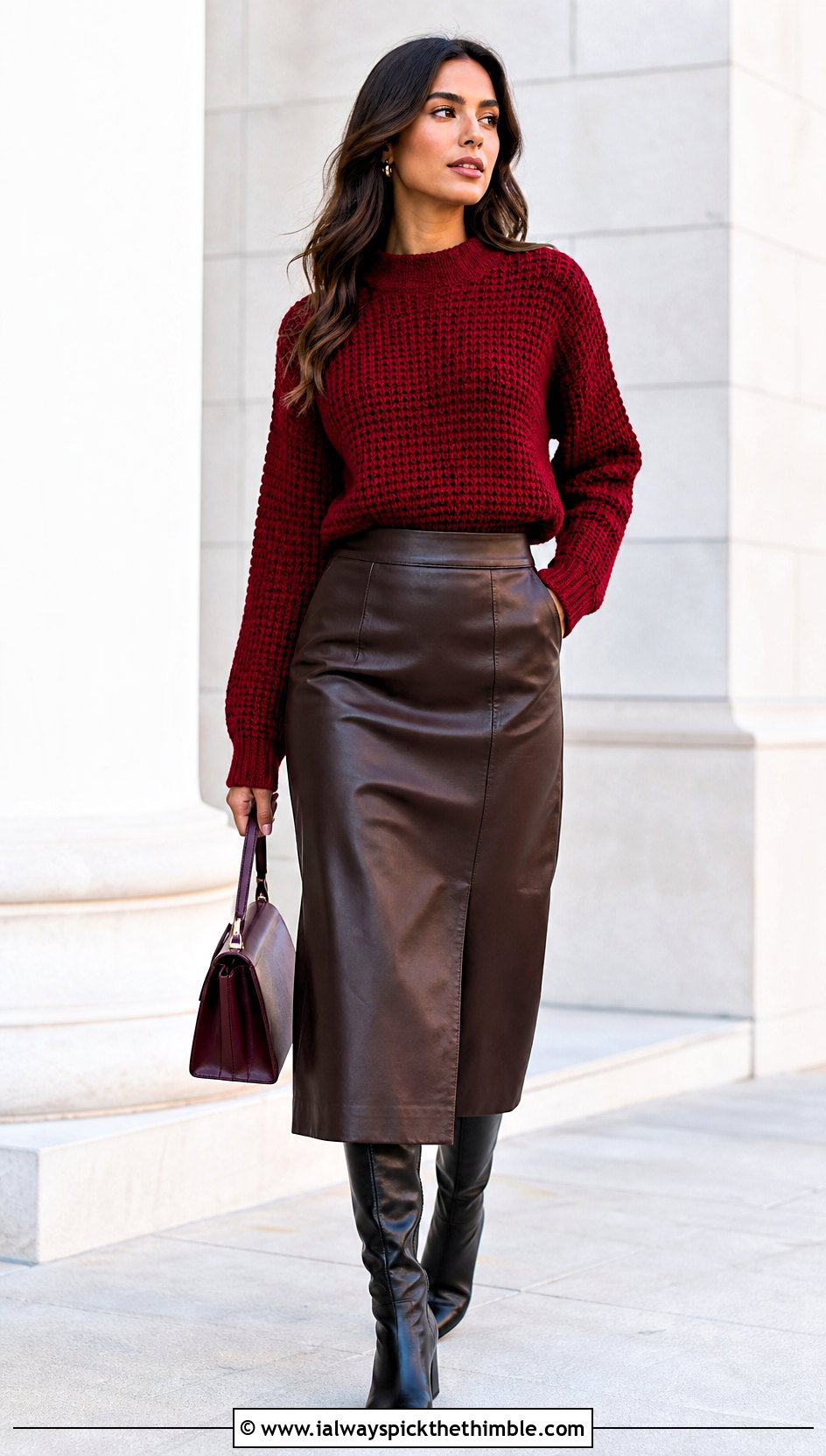 Red Ribbed Crochet Sweater With Leather Midi Skirt - 20 red crochet clothing and outfit ideas