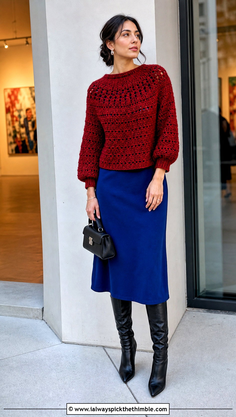 Red Round Yoke Crochet Sweater With Midi Dress - 15 Red Crocheted Sweater Close-Up outfit ideas