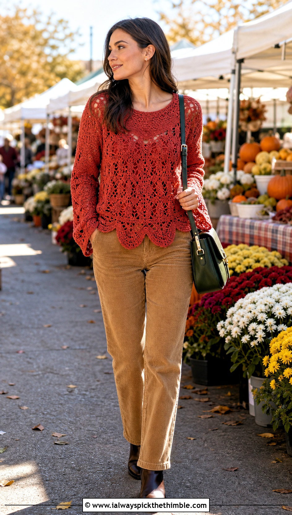 Red Scalloped Hem Crochet Sweater With Corduroy Pants - 15 Red Crocheted Sweater Close-Up outfit ideas