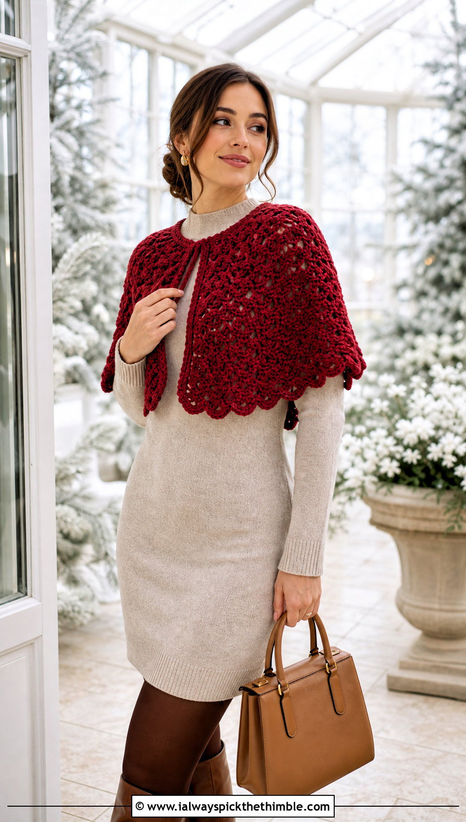 Red Shell Stitch Capelet Shawl With Sweater Dress - 15 Red Crocheted Shawl On Hanger outfit ideas