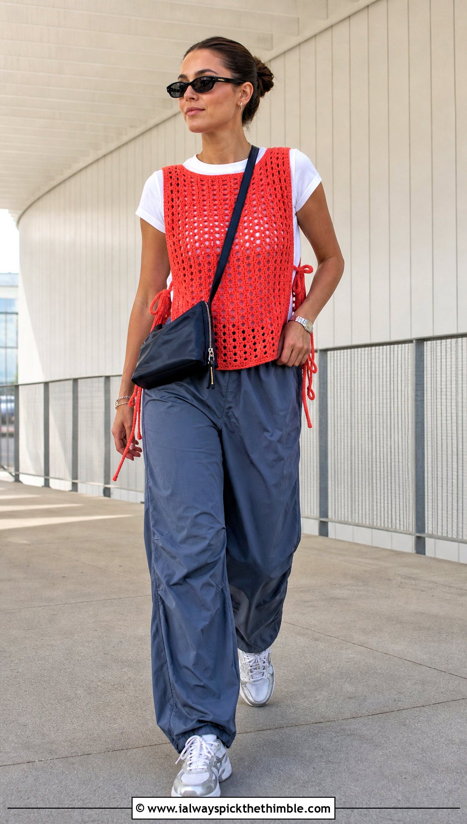 Red Side Tie Crochet Sweater Vest With Parachute Pants - 15 red crocheted sweater vest outfit ideas