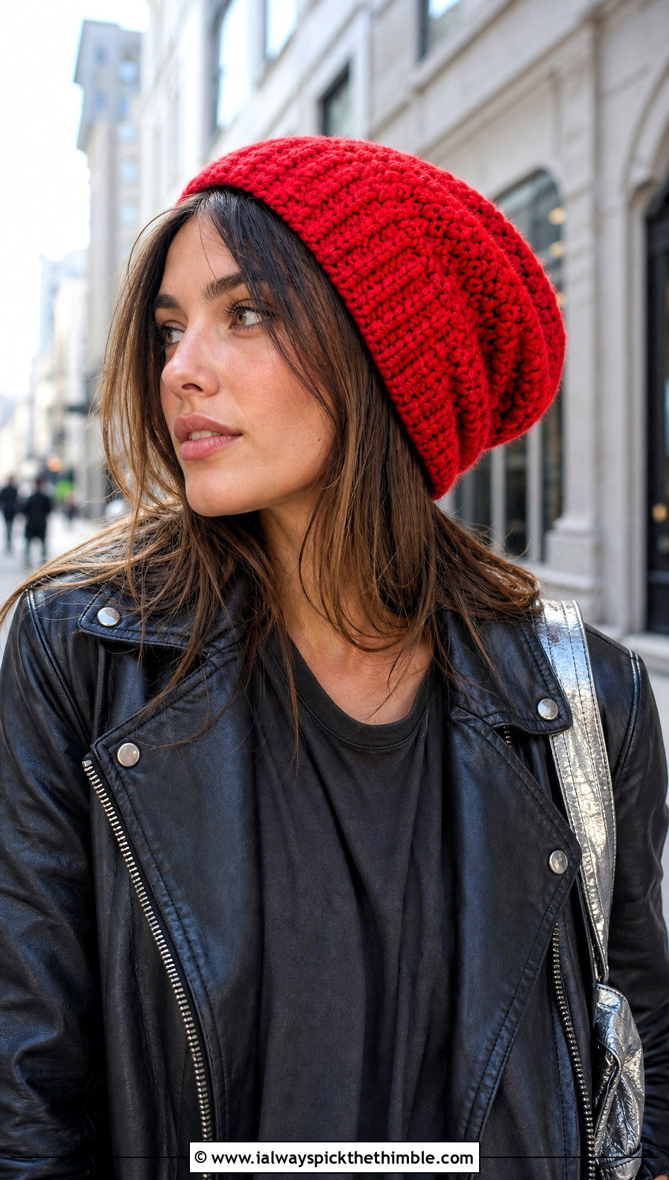 Red Slouchy Crochet Beanie With Leather Jacket - 25 red crochet hat outfit ideas