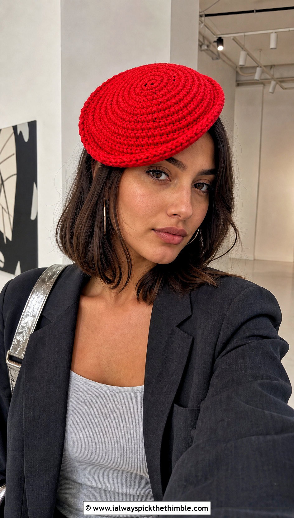 Red Spiral Crochet Hat With Gray Suit - 25 red crochet hat outfit ideas