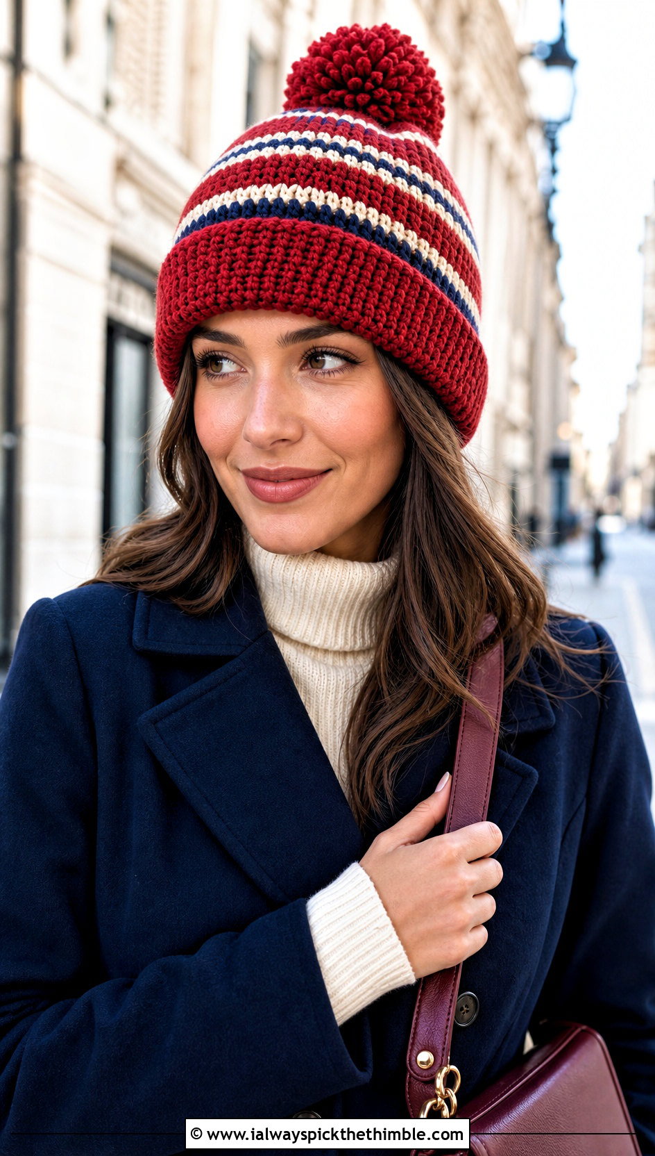 Red Striped Crochet Bobble Hat With Pea Coat - 25 red crochet hat outfit ideas