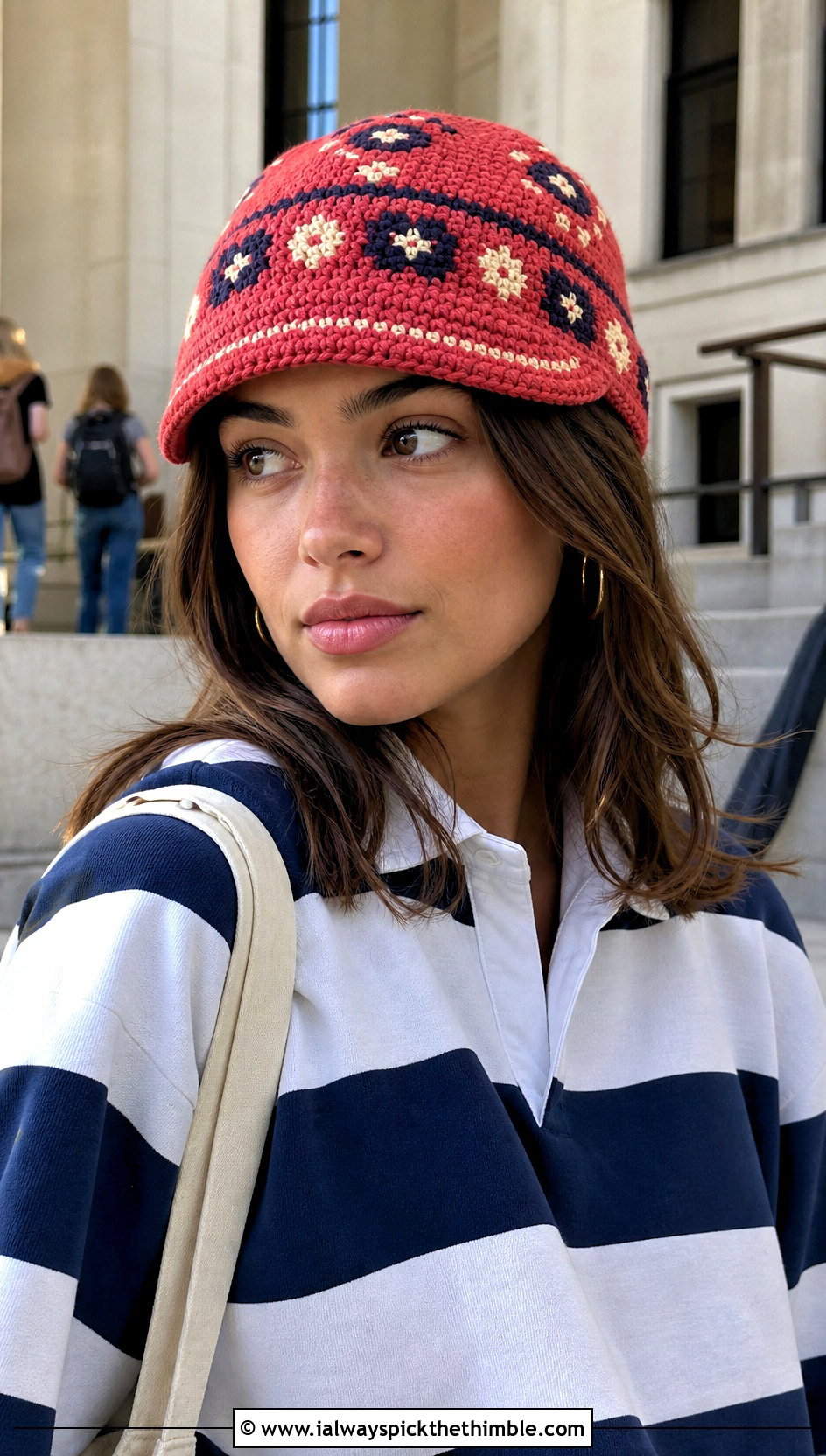 Red Tapestry Crochet Cap With Rugby Shirt - 25 red crochet hat outfit ideas