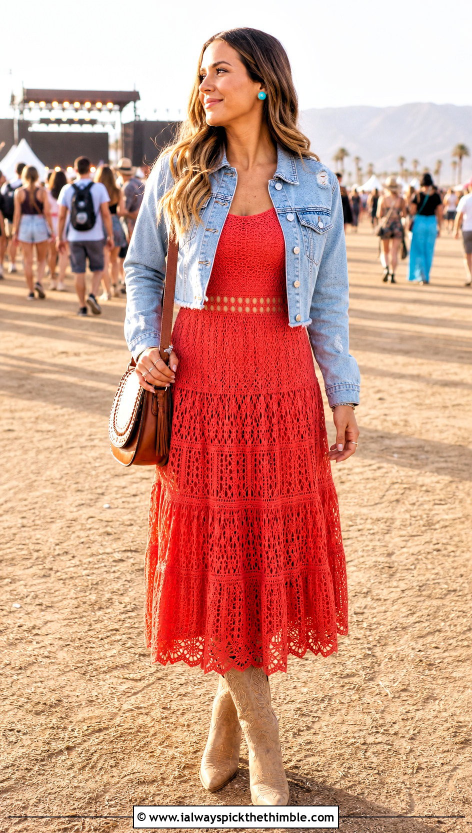 Red Tiered Crochet Dress With Cowboy Boots - 15 Red Crochet Dress Design outfit ideas