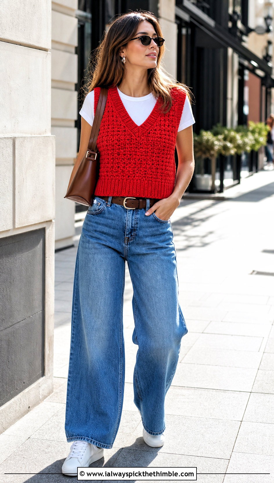 Red V Neck Crochet Sweater Vest With Wide Leg Jeans - 15 red crocheted sweater vest outfit ideas