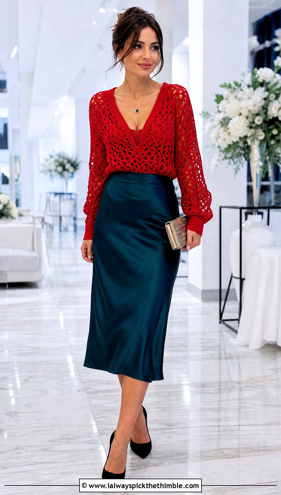 Red V Neck Mesh Crochet Sweater With Satin Midi Skirt - 15 Red Crocheted Sweater Close-Up outfit ideas