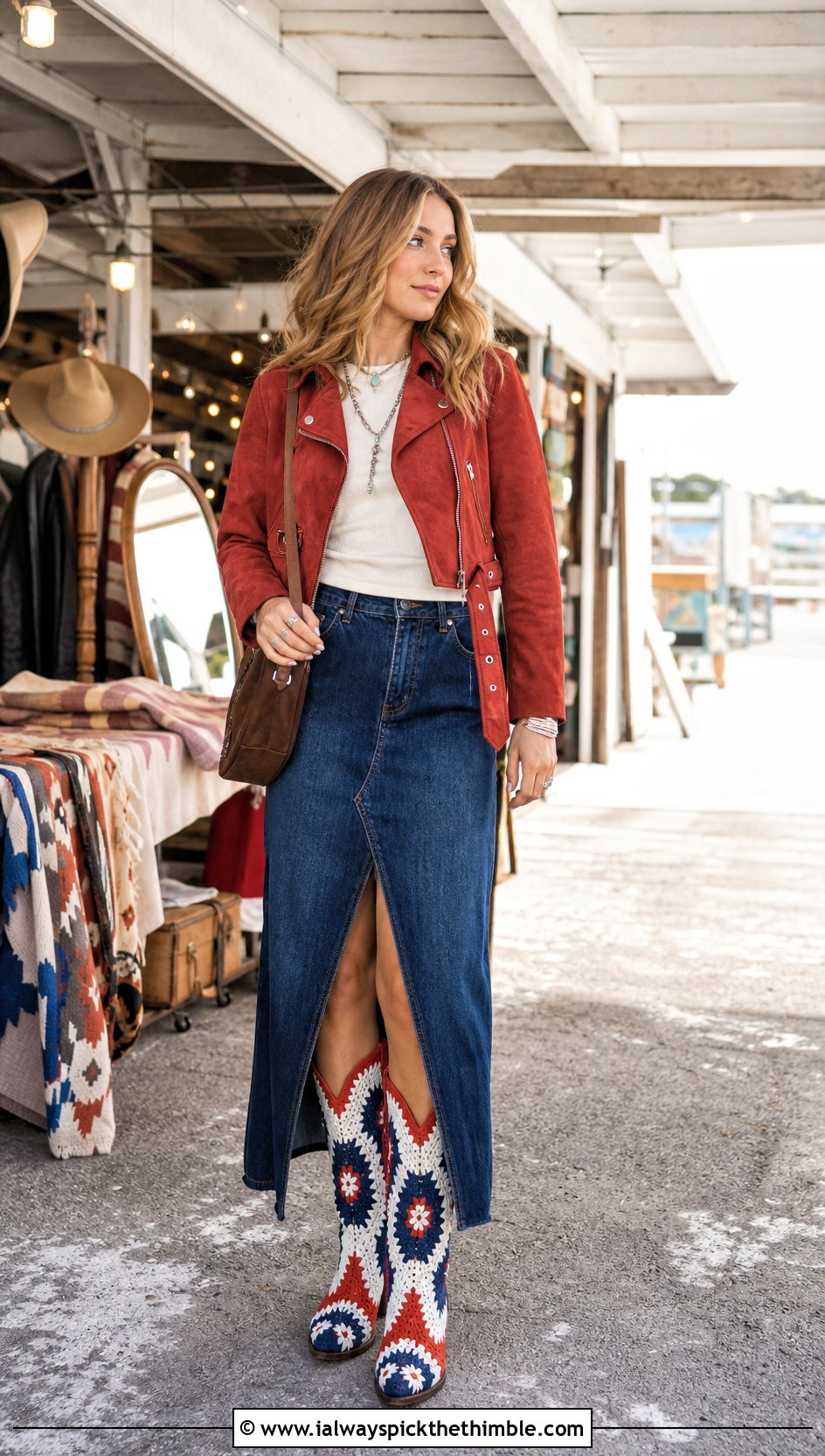 Red White Blue Crochet Cowboy Boots With Denim Midi Skirt - 15 Red White Blue Crochet Boots outfit ideas
