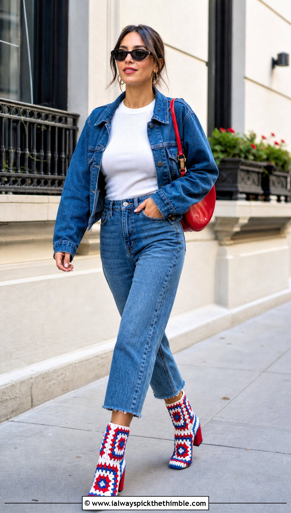 Red White Blue Granny Square Ankle Boots With Straight Jeans - 15 Red White Blue Crochet Boots outfit ideas