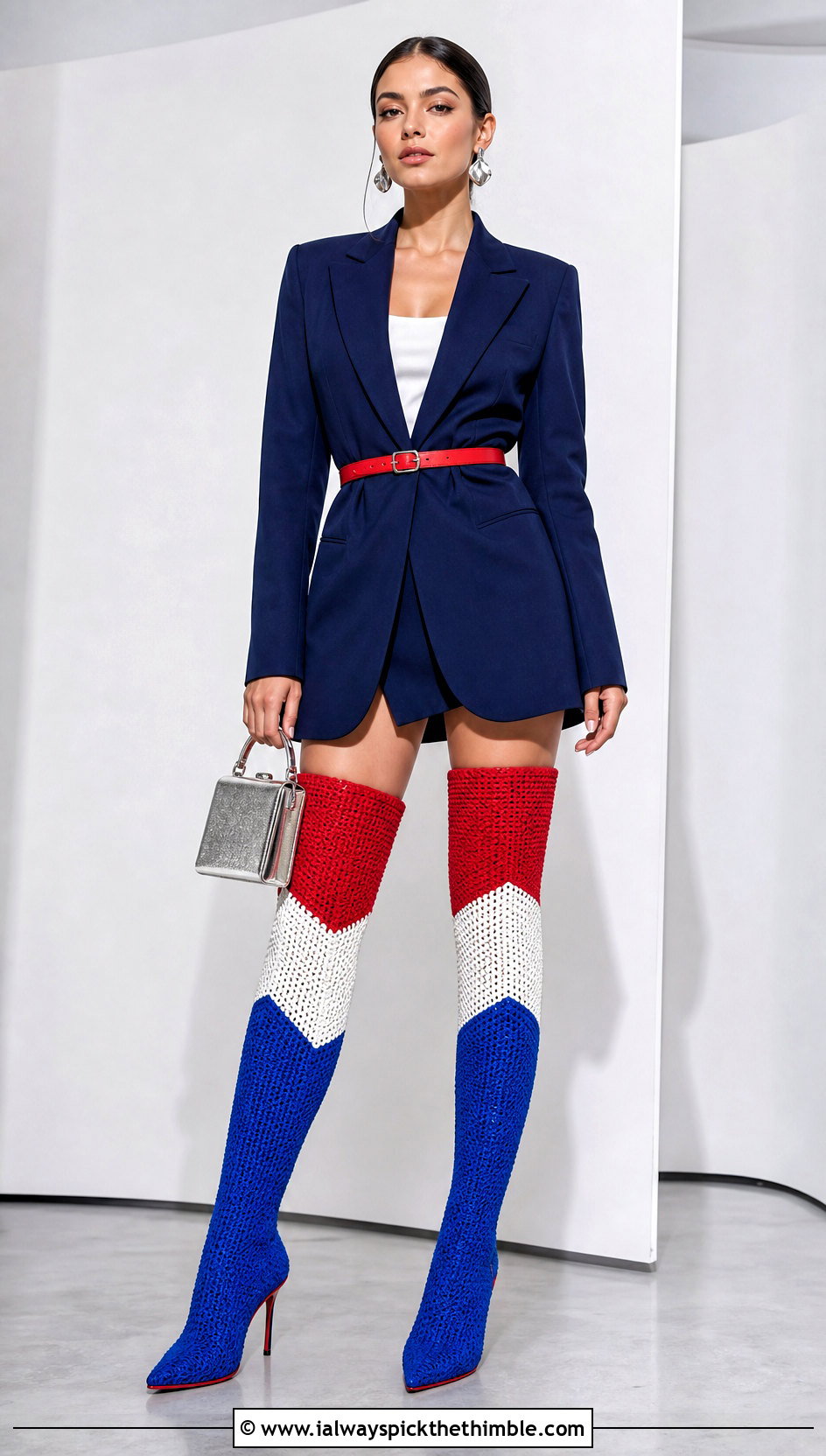 Red White Blue Thigh High Crochet Boots With Blazer Dress - 15 Red White Blue Crochet Boots outfit ideas
