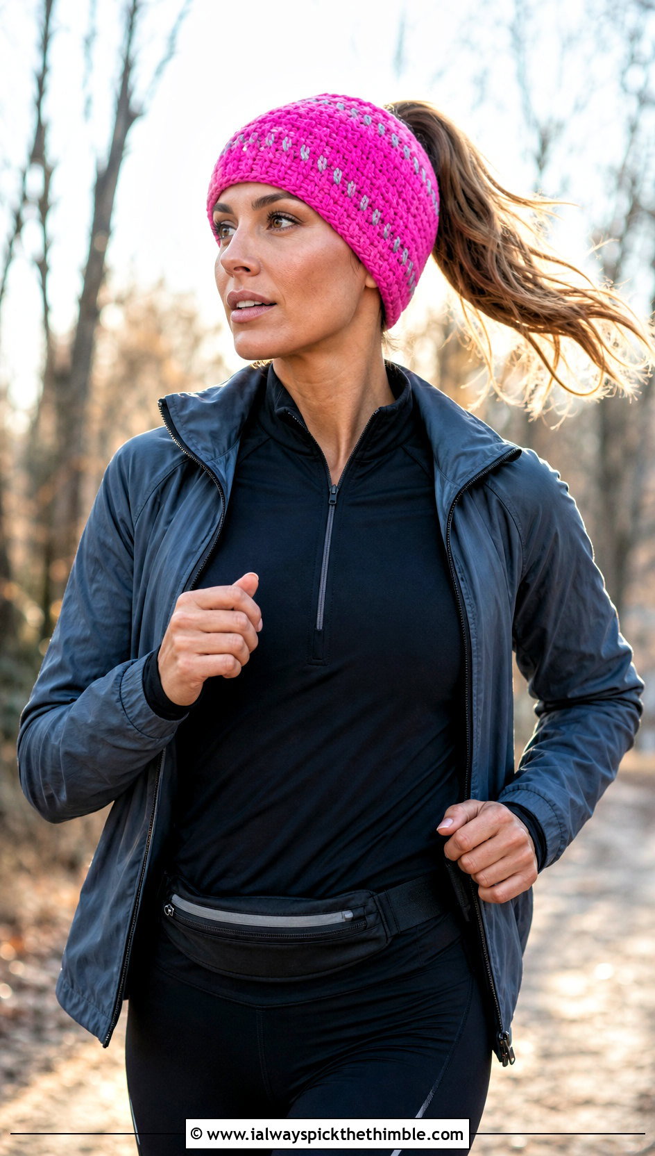 Reflective Runner Ponytail Crochet Beanie With Track Jacket - 20 crochet beanie with ponytail hole outfit ideas