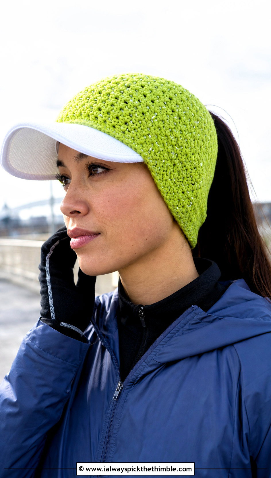 Reflective Yarn Crochet Baseball Cap Ear Warmer With Running Jacket - 20 crochet baseball cap ear warmer outfit ideas