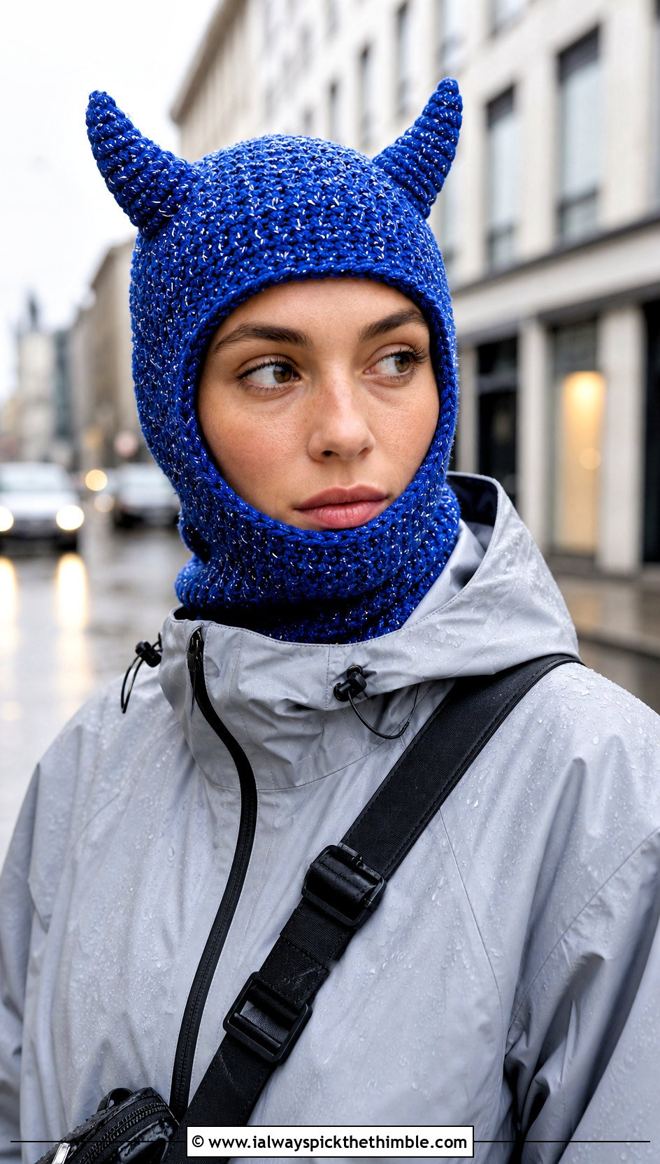 Reflective Yarn Crochet Devil Horn Balaclava With Rain Shell - 20 crochet devil horn balaclava outfit ideas