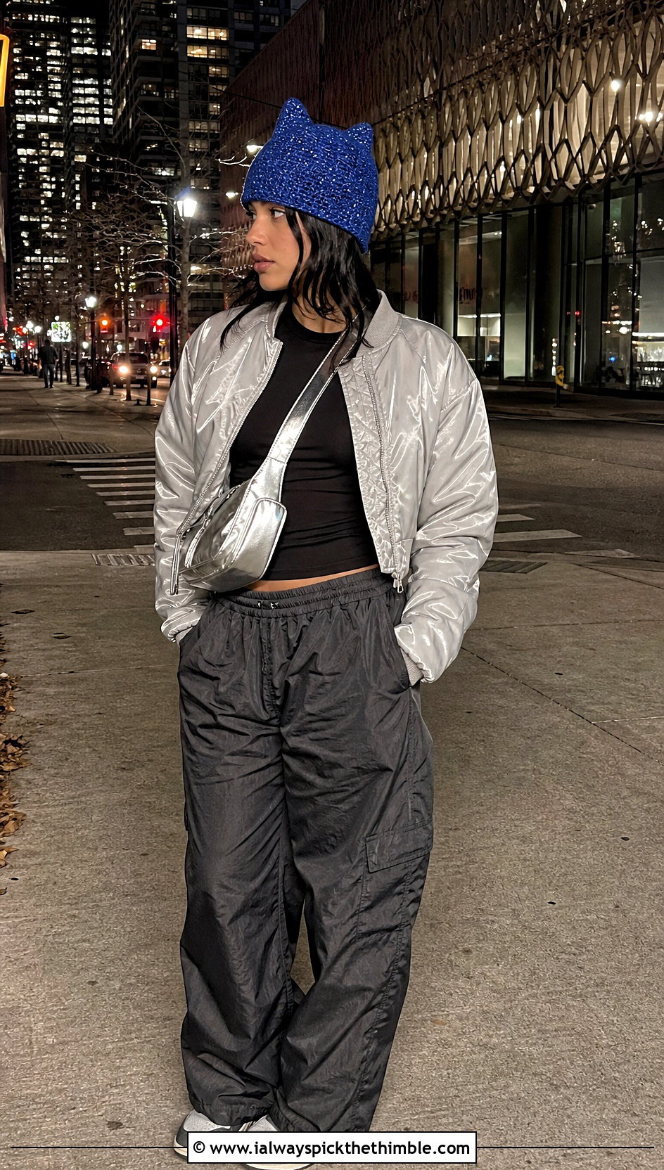 Reflective Yarn Finn Hat With Bomber Jacket And Parachute Pants - 25 crochet finn hat outfit ideas