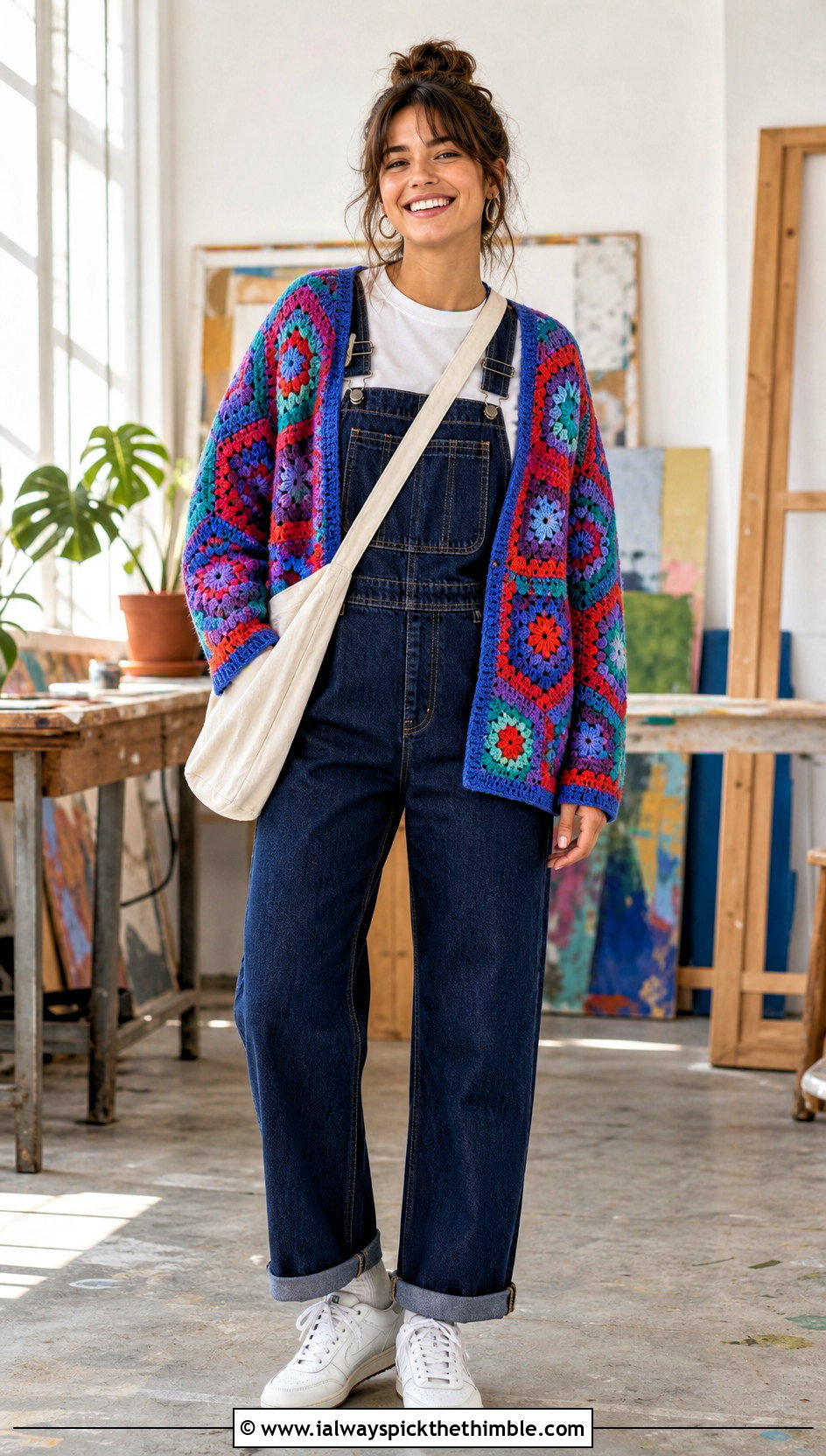 Relaxed Pentagon Granny Square Cardigan With Denim Overalls - 20 Pentagon Granny Square Cardigan outfit ideas