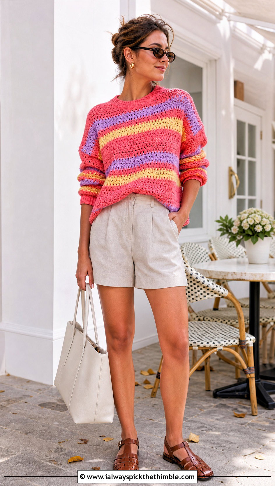 Relaxed Princess Bubblegum Crewneck Sweater With Tailored Shorts - 15 Crochet Princess Bubblegum Sweater outfit ideas