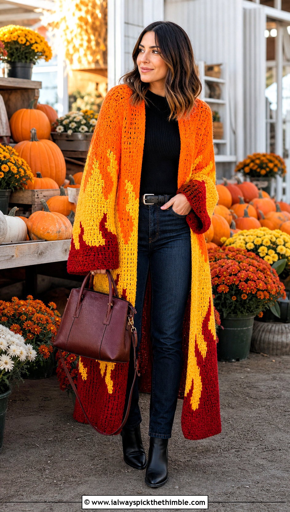 Rengoku Flame Crochet Coatigan With Dark Denim - 25 Demon Slayer Crochet Cardigan outfit ideas