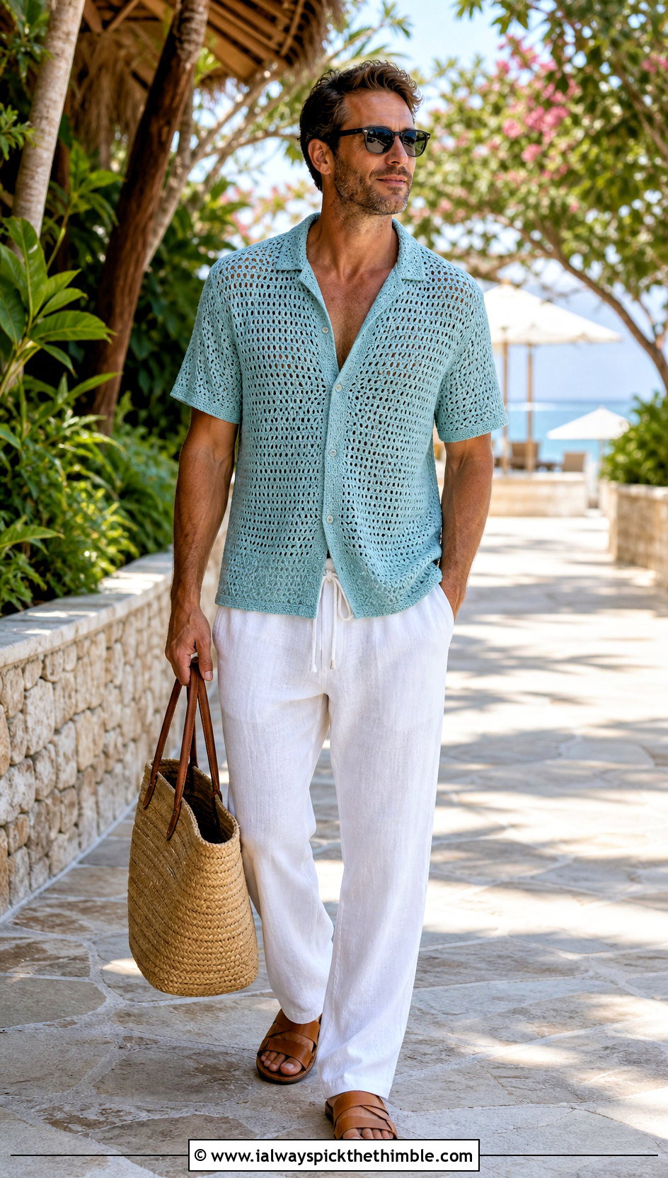 Resort Collar Crochet Mesh Shirt With Linen Pants - 20 Men Crochet Mesh Shirt outfit ideas