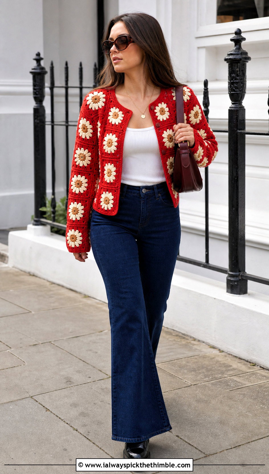 Retro Daisy Cardigan With Flared Jeans - 20 crochet flowers on sweater outfit ideas