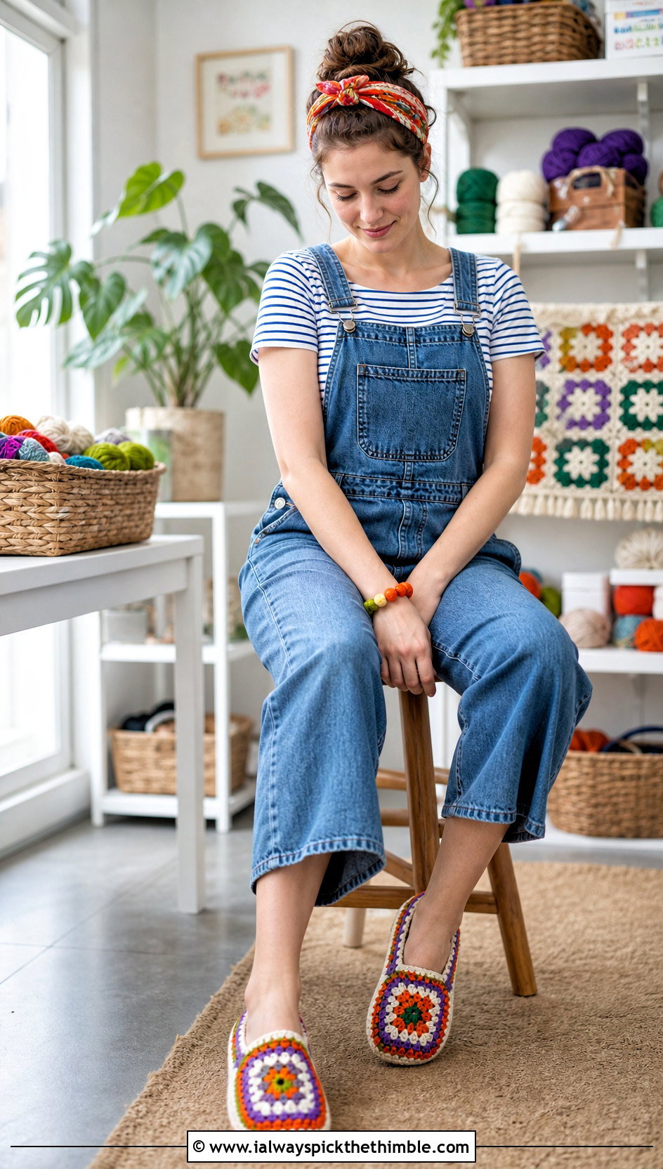 Retro Granny Square Slippers With Denim Overalls - 20 Crochet Granny Square Slippers outfit ideas