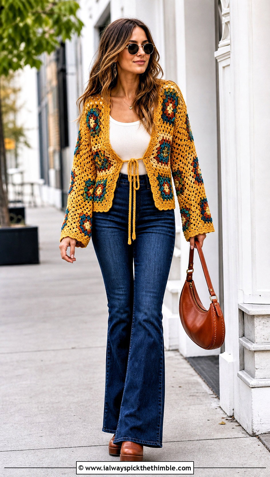 Retro Granny Square Tie Cardigan With Flare Jeans - 20 Granny Square Tie Cardigan outfit ideas