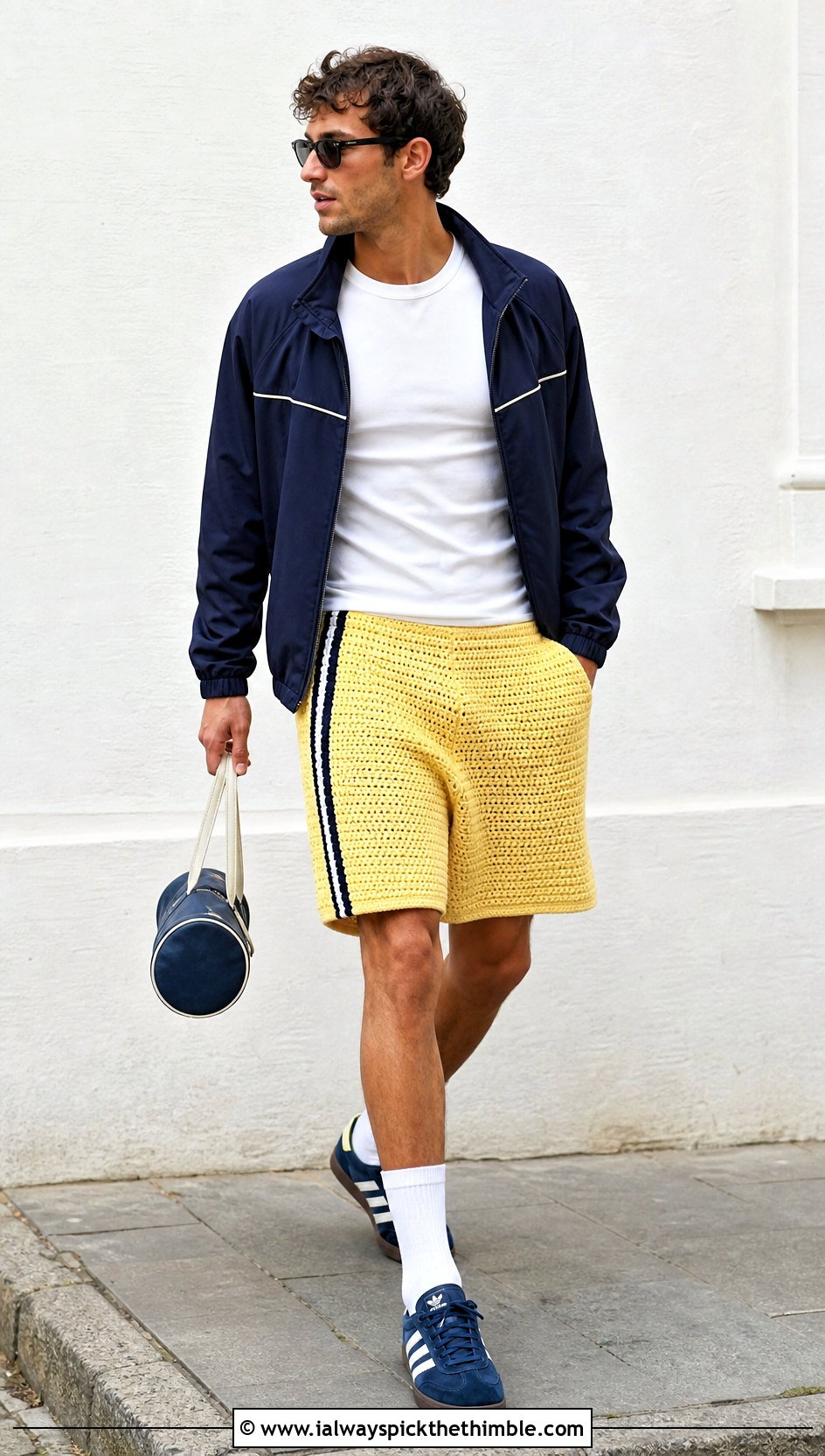 Retro Stripe Crochet Shorts With Track Jacket - 20 Crochet Shorts Mens outfit ideas