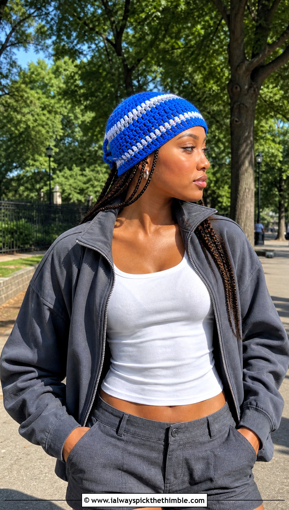 Retro Stripe Crochet Tube Hat With Track Jacket - 20 Crochet Tube Hat outfit ideas