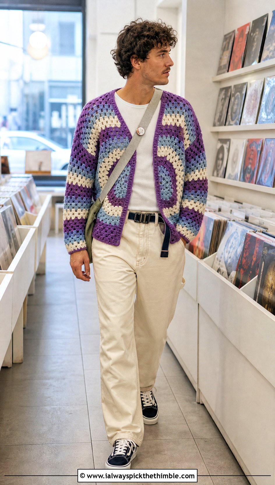 Retro Stripe Hexagon Cardigan With Carpenter Pants - 25 men hexagon crochet cardigan outfit ideas