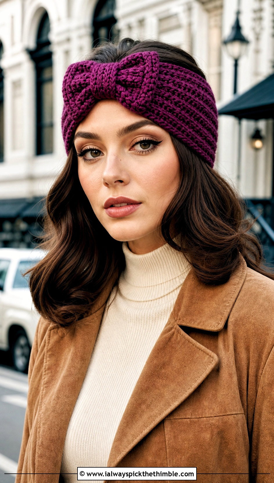 Retro Turban Crochet Headband With Bow And Flared Jeans - 20 crochet headband with bow outfit ideas