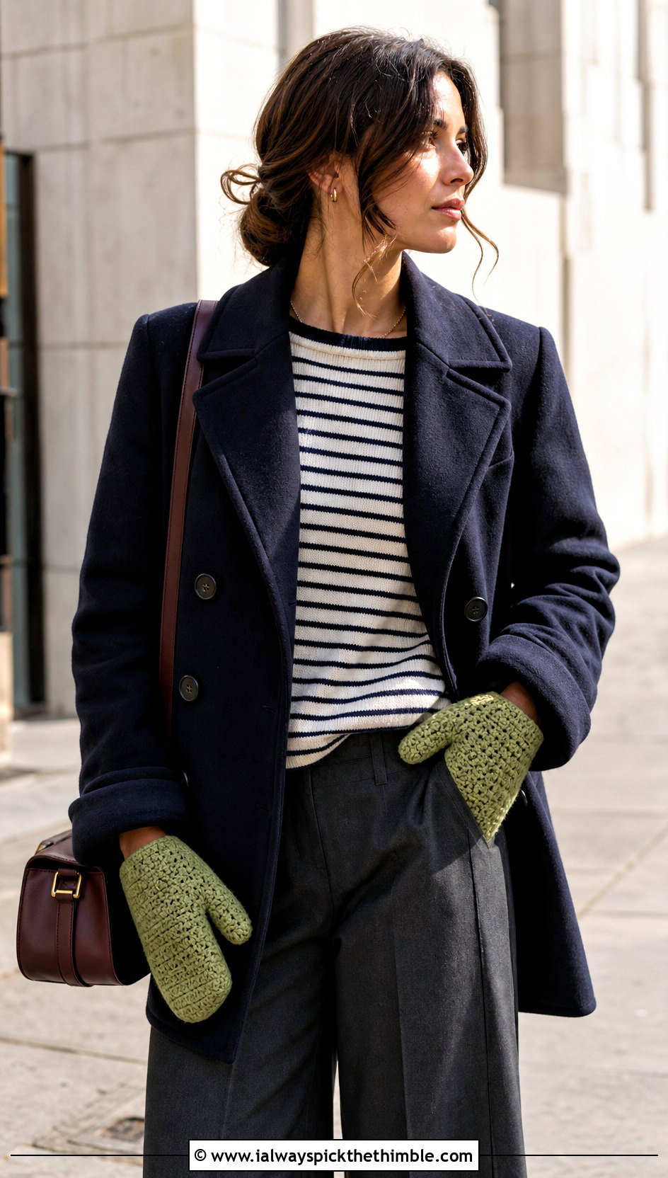 Reverse Tabi Crochet Mittens With Peacoat And Cropped Trousers - 20 Tabi Crochet Mittens outfit ideas