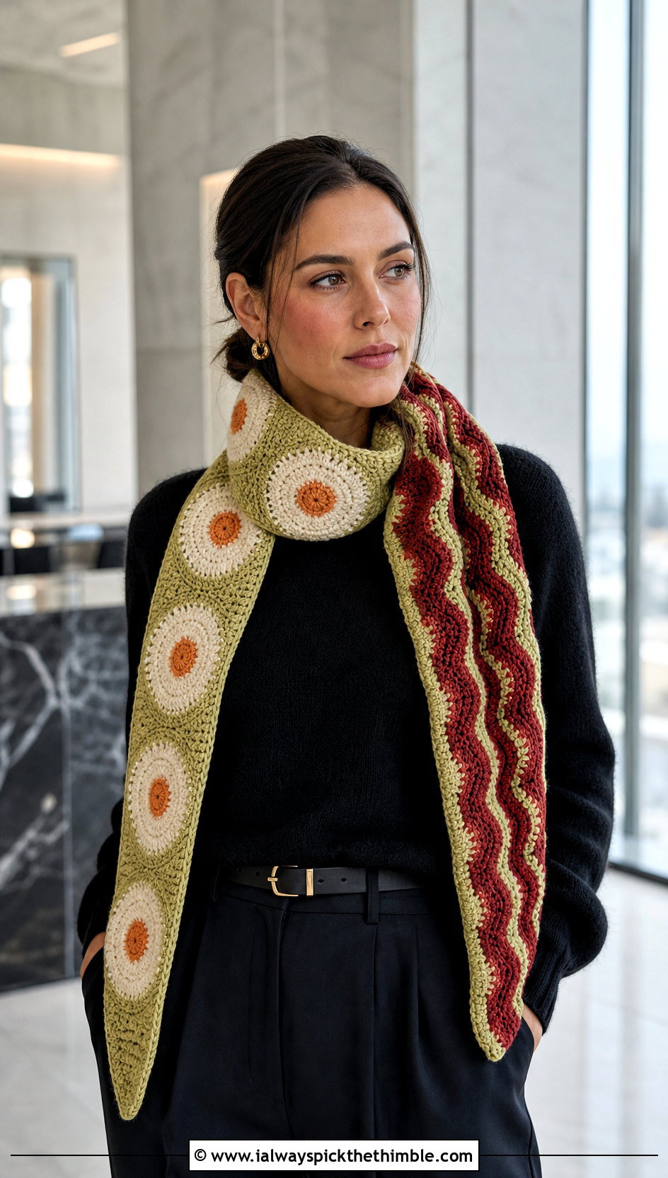 Reversible Bacon And Eggs Scarf With Monochrome Outfit - 20 Crochet Bacon And Eggs Scarf outfit ideas